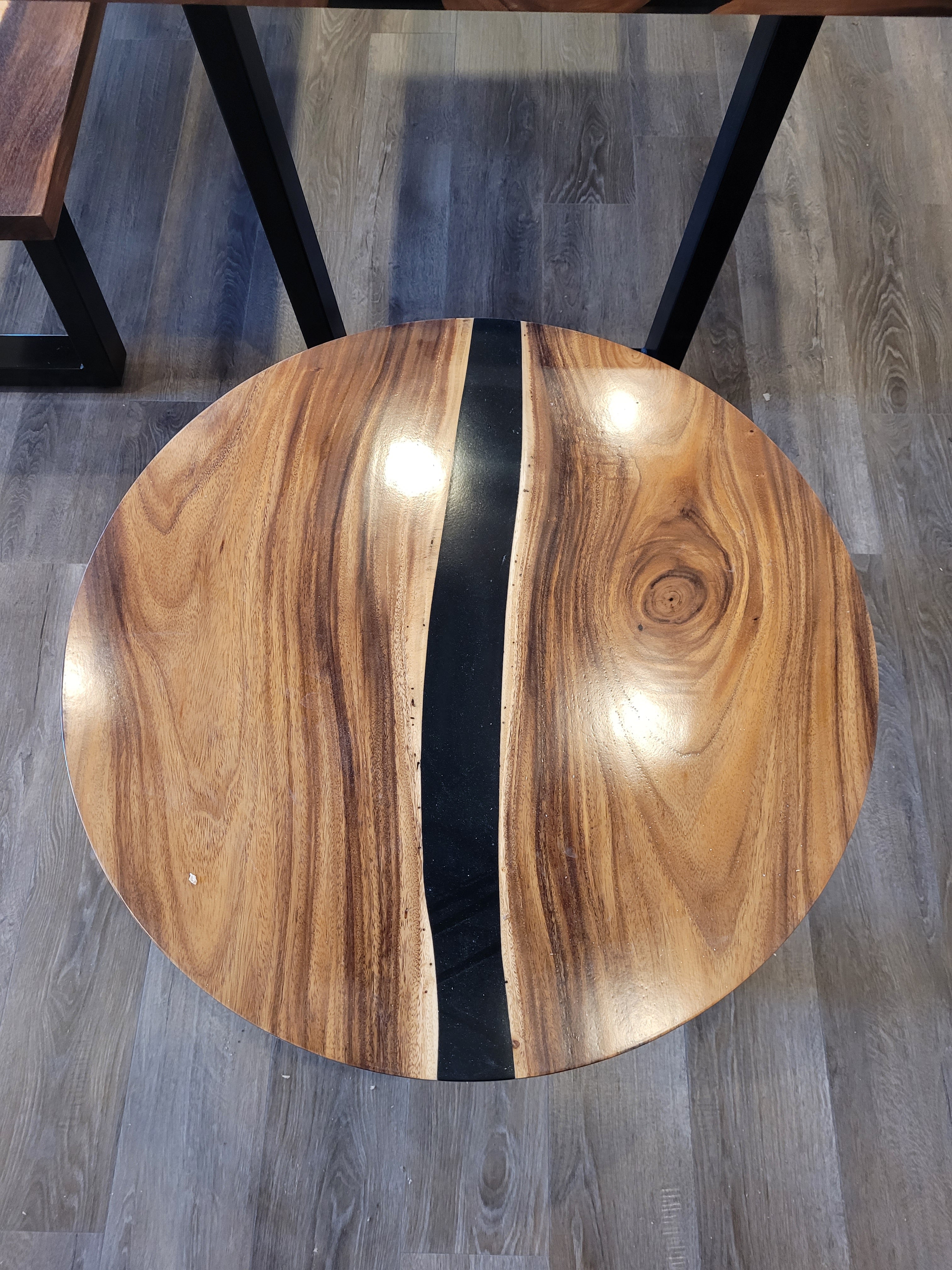 front view monkey pod epoxy river dining table set.
