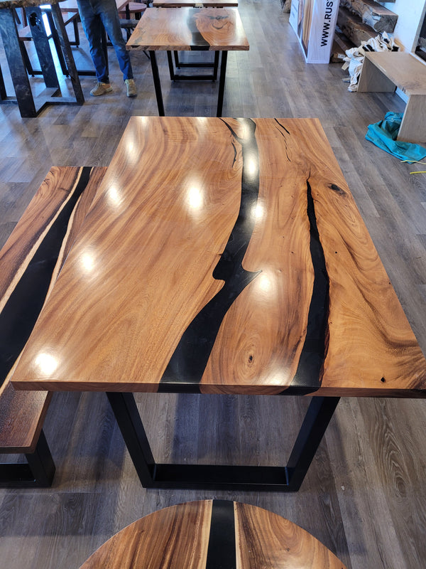 front view monkey pod epoxy river dining table set.