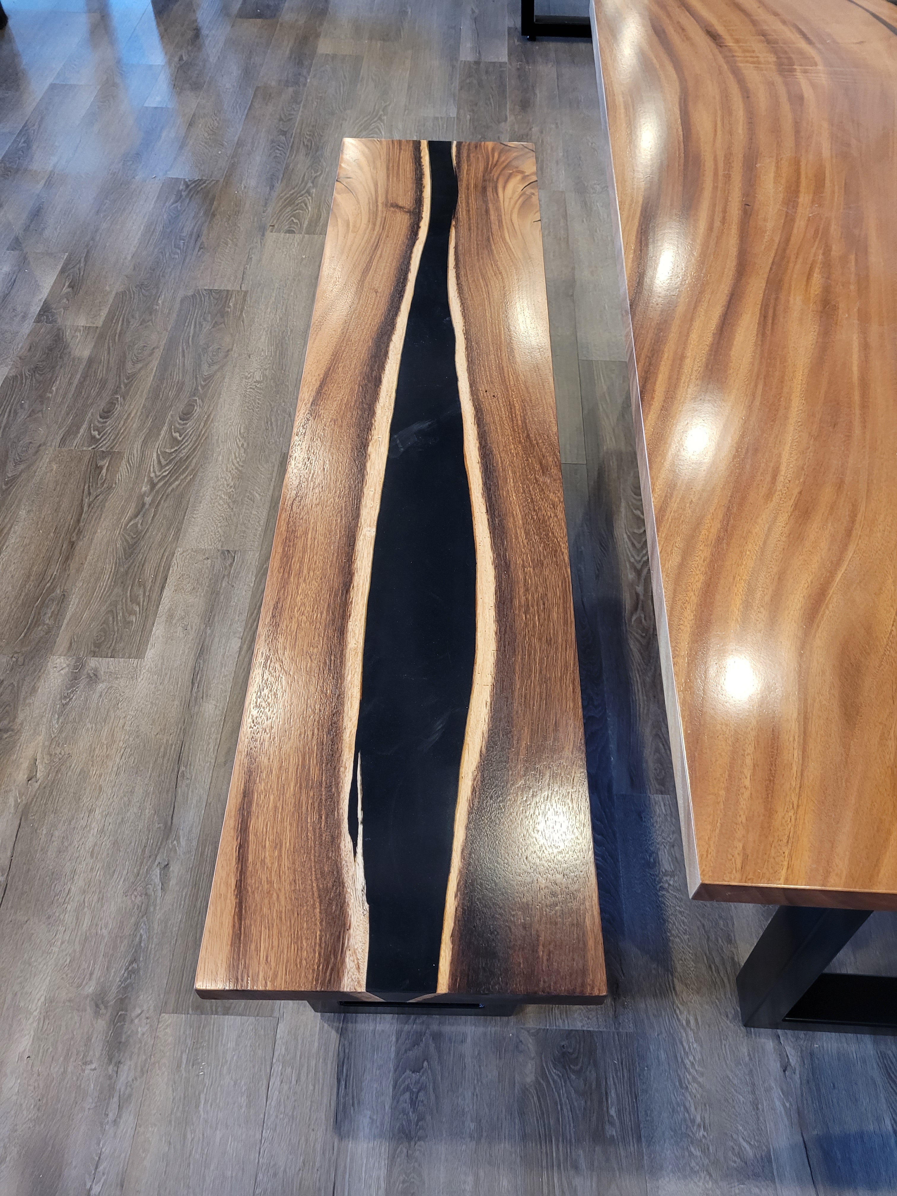 front view monkey pod epoxy river dining table set.