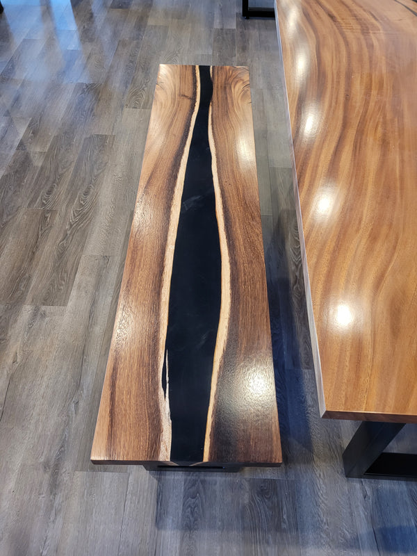 front view monkey pod epoxy river dining table set.