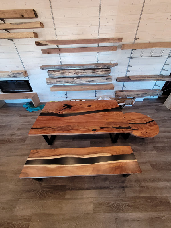 front view monkey pod epoxy river table dining table set.