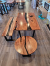 front view monkey pod epoxy river table dining table set.