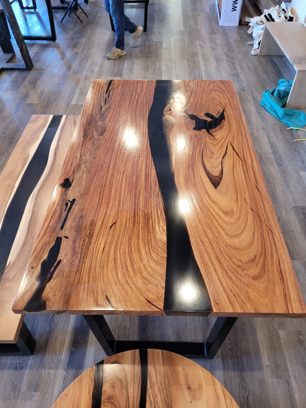Monkey pod black tint epoxy river table set 6'
