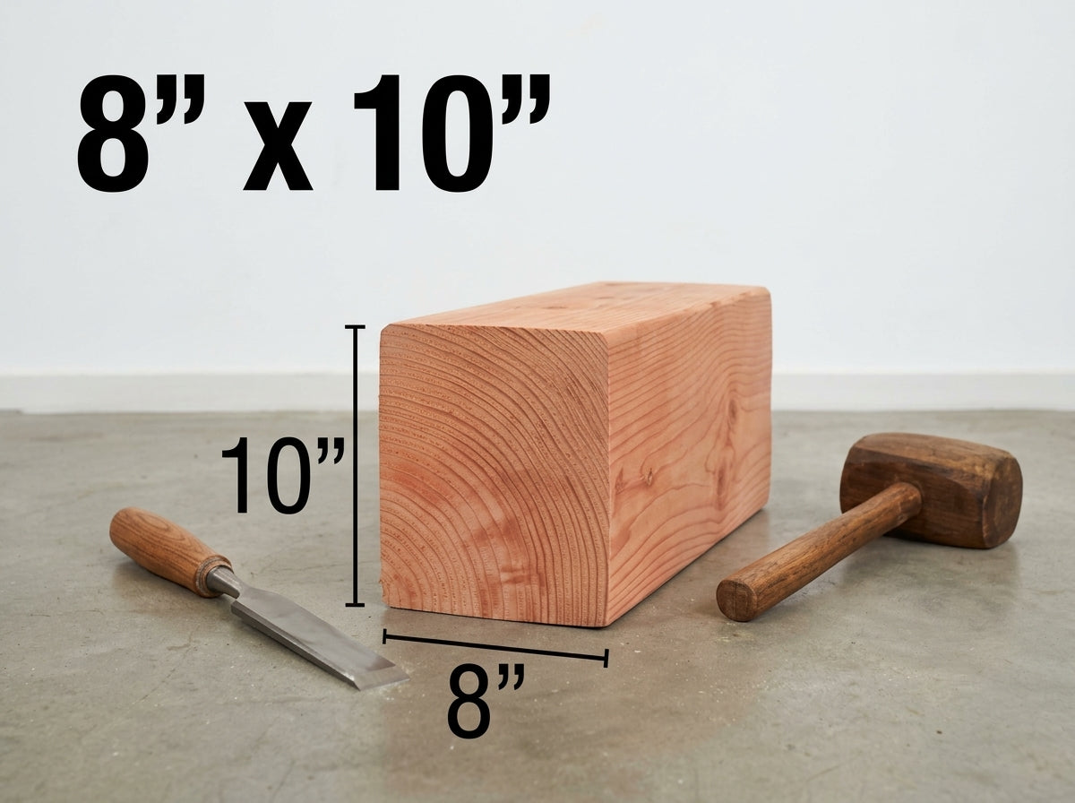 An 8 inch by 10 inch square wooden block shown on a concrete floor with a chisel and mallet, featuring dimension lines and text overlays indicating measurements.