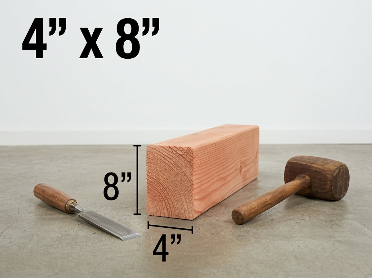 A 4x8x4 inch raw wood block shown with a chisel and mallet on a concrete floor against a white wall, with dimension labels overlaid.