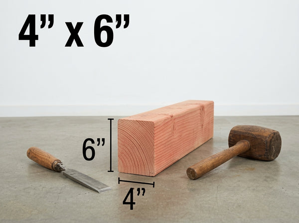 A 4 inch by 6 inch raw wood block with dimensions labeled, shown on a concrete floor against a white wall with a chisel and mallet nearby.
