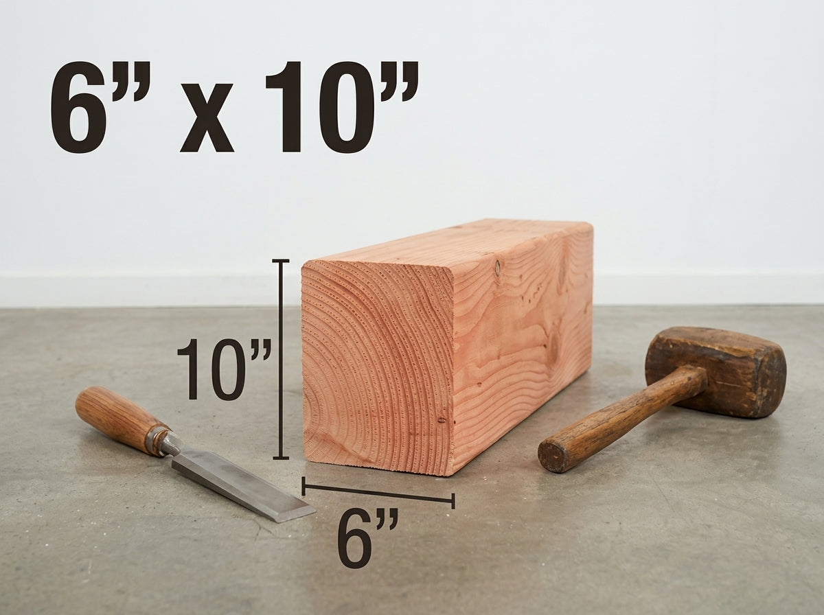 A 6 inch by 10 inch by 10 inch wooden block shown on a gray floor against a white wall, with dimension lines and text indicating its size. A chisel and a mallet are placed on either side of the block.