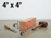A 4x4 inch square wooden block shown on a tabletop with a chisel and mallet, plus overlaid dimension labels reading 4 x 4 inches and 4 inches height.
