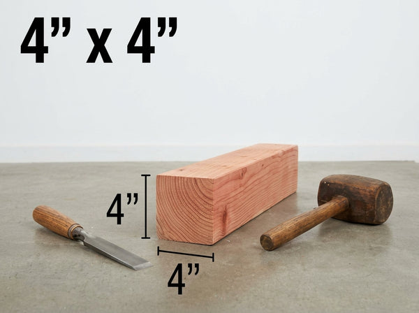 A 4x4 inch square wooden block shown on a tabletop with a chisel and mallet, plus overlaid dimension labels reading 4 x 4 inches and 4 inches height.