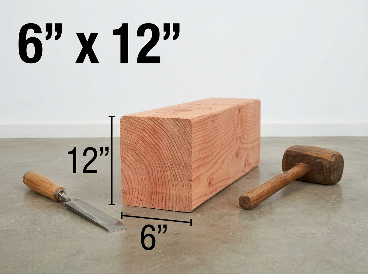 A 6 inch by 12 inch by 12 inch wooden block shown on a concrete floor with a chisel and mallet, featuring dimension lines and text overlays indicating measurements.