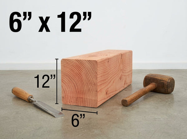 A 6 inch by 12 inch by 12 inch wooden block shown on a concrete floor with a chisel and mallet, featuring dimension lines and text overlays indicating measurements.