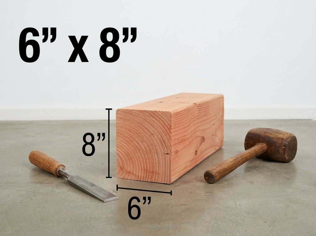A 6 inch by 8 inch wooden block shown on a gray floor against a white wall, with dimension lines and text indicating its size. A chisel and mallet are placed beside it for scale.